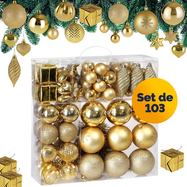 Lot de 103 boules de Noël or Décorations pour sapin en plastique robuste Décoration de Noël intérieur extérieur