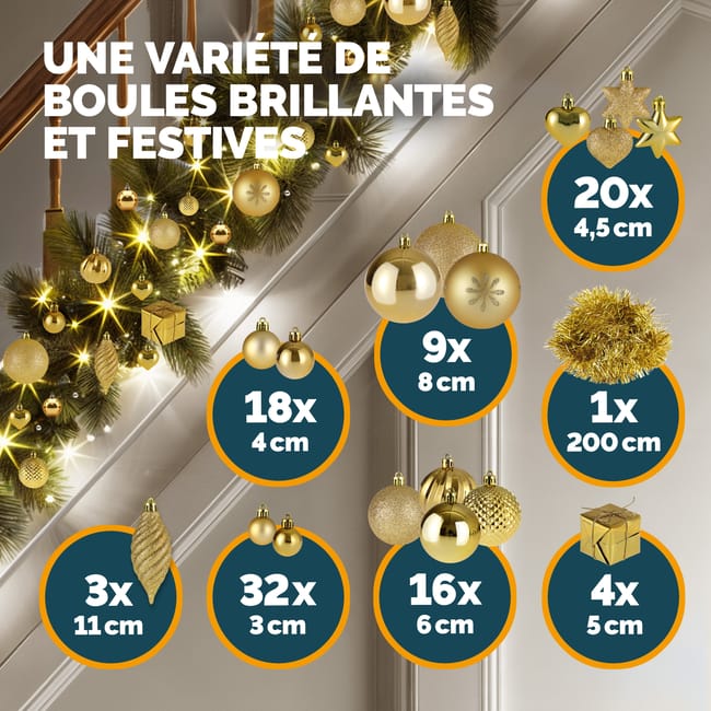 Lot de 103 boules de Noël or Décorations pour sapin en plastique robuste Décoration de Noël intérieur extérieur